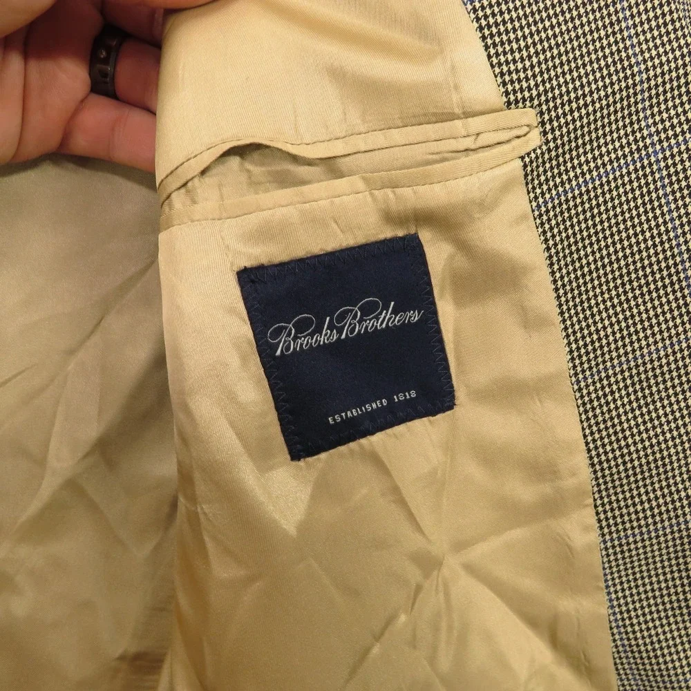 Brooks Brothers 44R Wool Cashmere Houndstooth Sport Coat Blazer Beige Check Mens